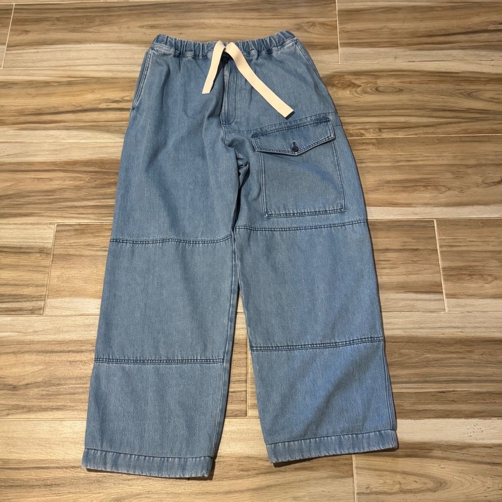 Dries Van Noten Mens Wide Leg Drawstring Denim Trousers Light Wash Blue Size 54